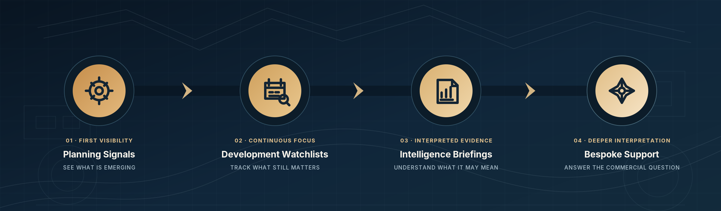 Project Intel product path showing Planning Signals, Development Watchlists, Intelligence Briefings and Bespoke Support